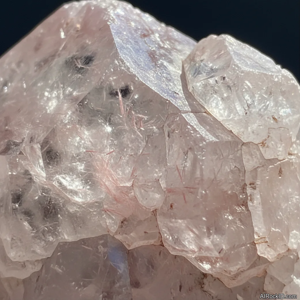 Close-up of pale pink to lavender lithium quartz with faint mica-like inclusions and vitreous luster on a terminated crystal face