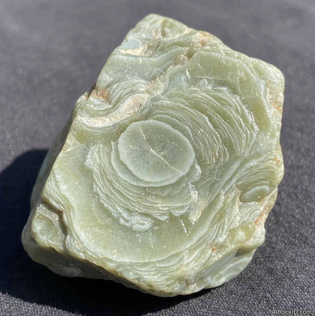 Close-up of green lizardite serpentine with waxy luster and pale veining in a polished hand specimen