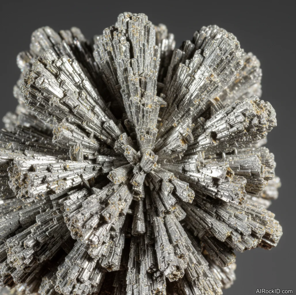 Close-up of metallic silver-gray loellingite crystals with bright reflective faces on dark host rock