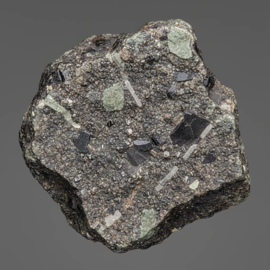 Gray to black lunar meteorite fragment with granular broken surface and matte dark fusion crust