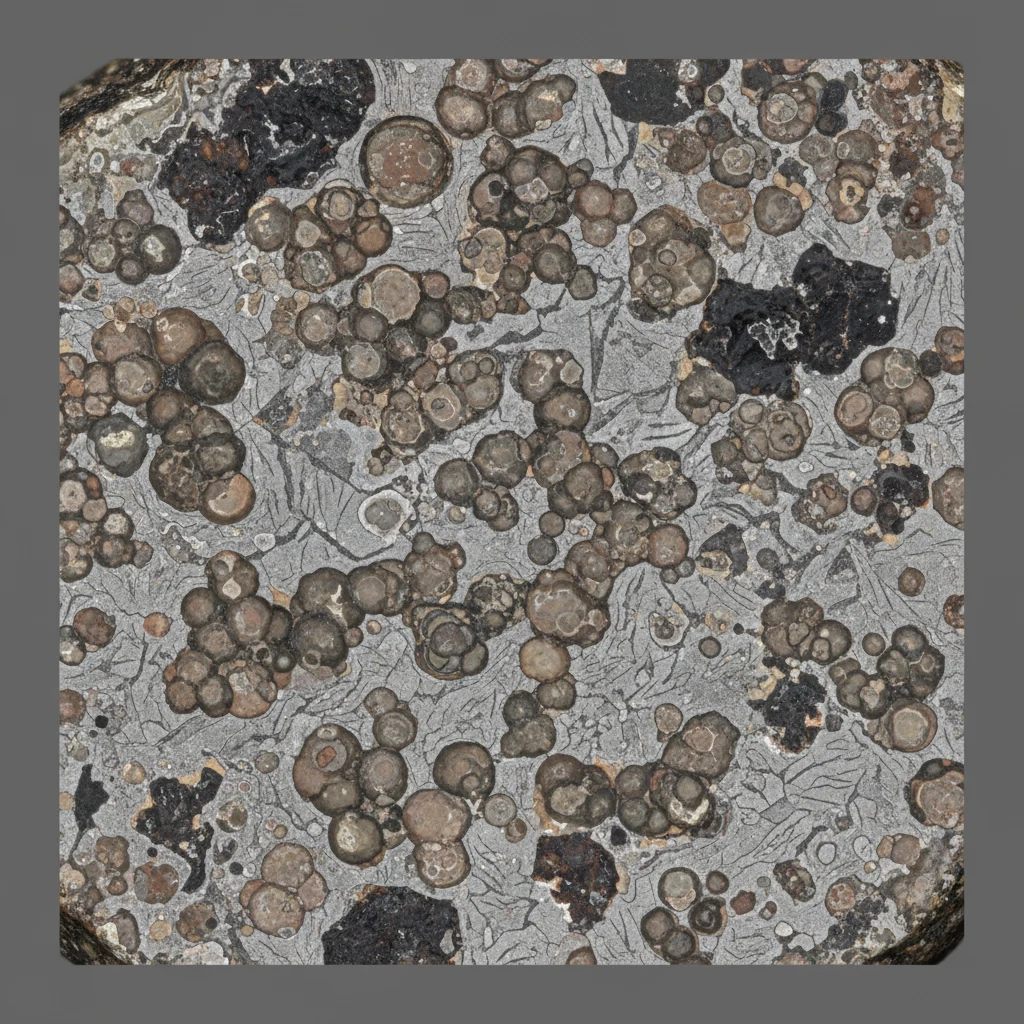 Gray brown black chondrite meteorite specimen with dull surface and possible fusion crust