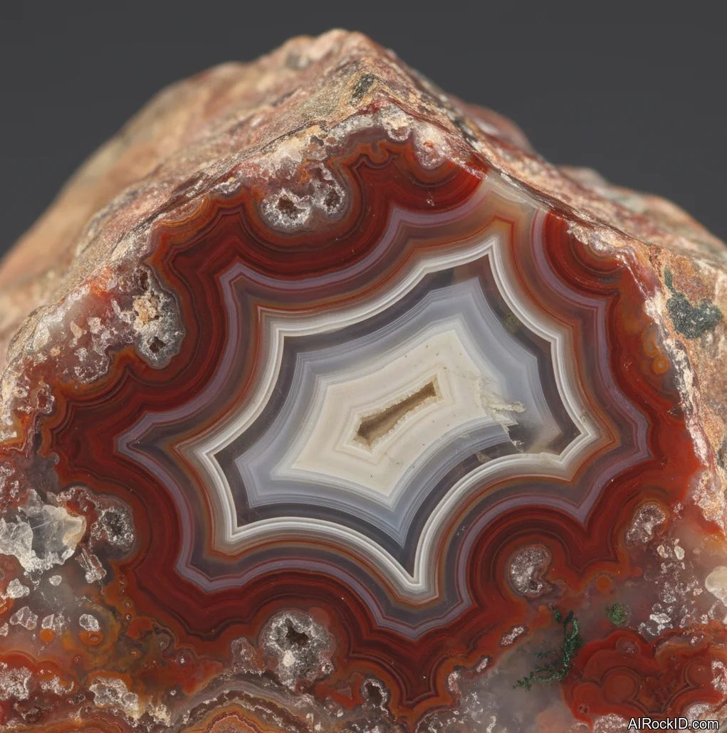 Close-up of polished Mexican agate showing tight banding with red, cream, and brown fortification patterns