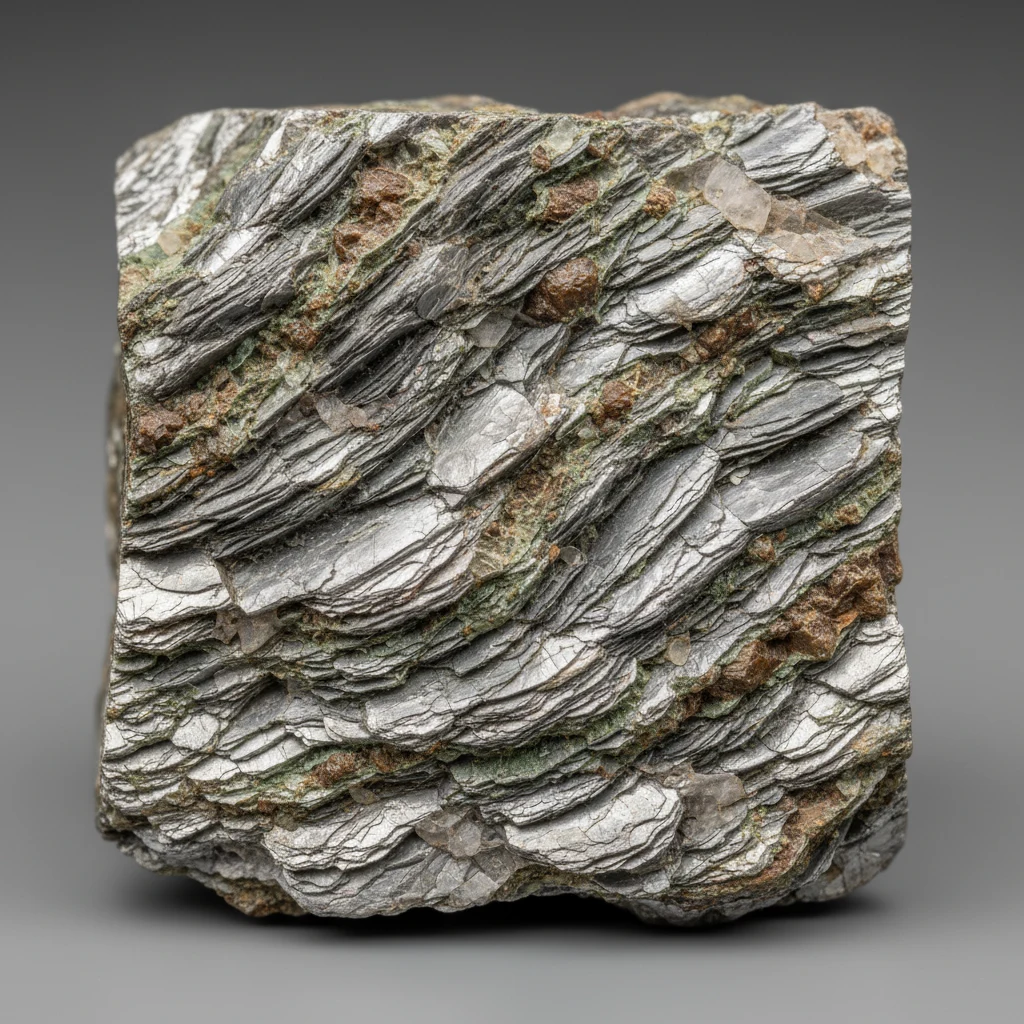 Gray green mica schist specimen with shiny flaky mica layers and foliated texture