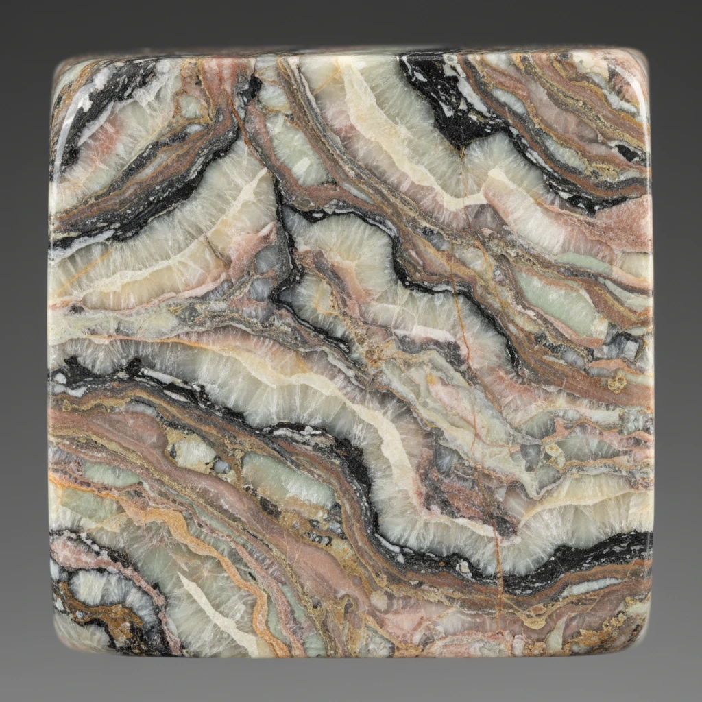 Polished migmatite showing folded pale quartz-feldspar leucosome bands against dark biotite-rich metamorphic layers