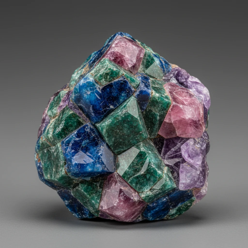 Colorful mixed gemstones showing blue, green, pink, and purple transparent to translucent pieces with vitreous luster