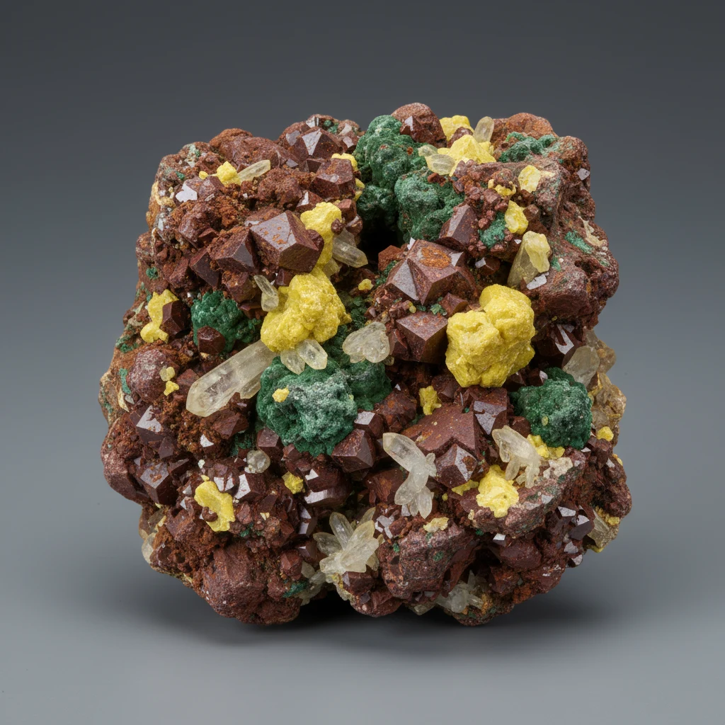 Mixed mineral specimen showing brown, green, and yellow areas with varied dull to vitreous luster