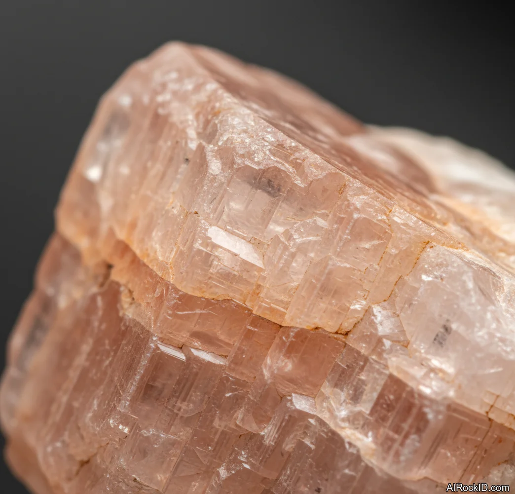Close-up of a pale peach morganite crystal showing glassy luster and subtle color zoning