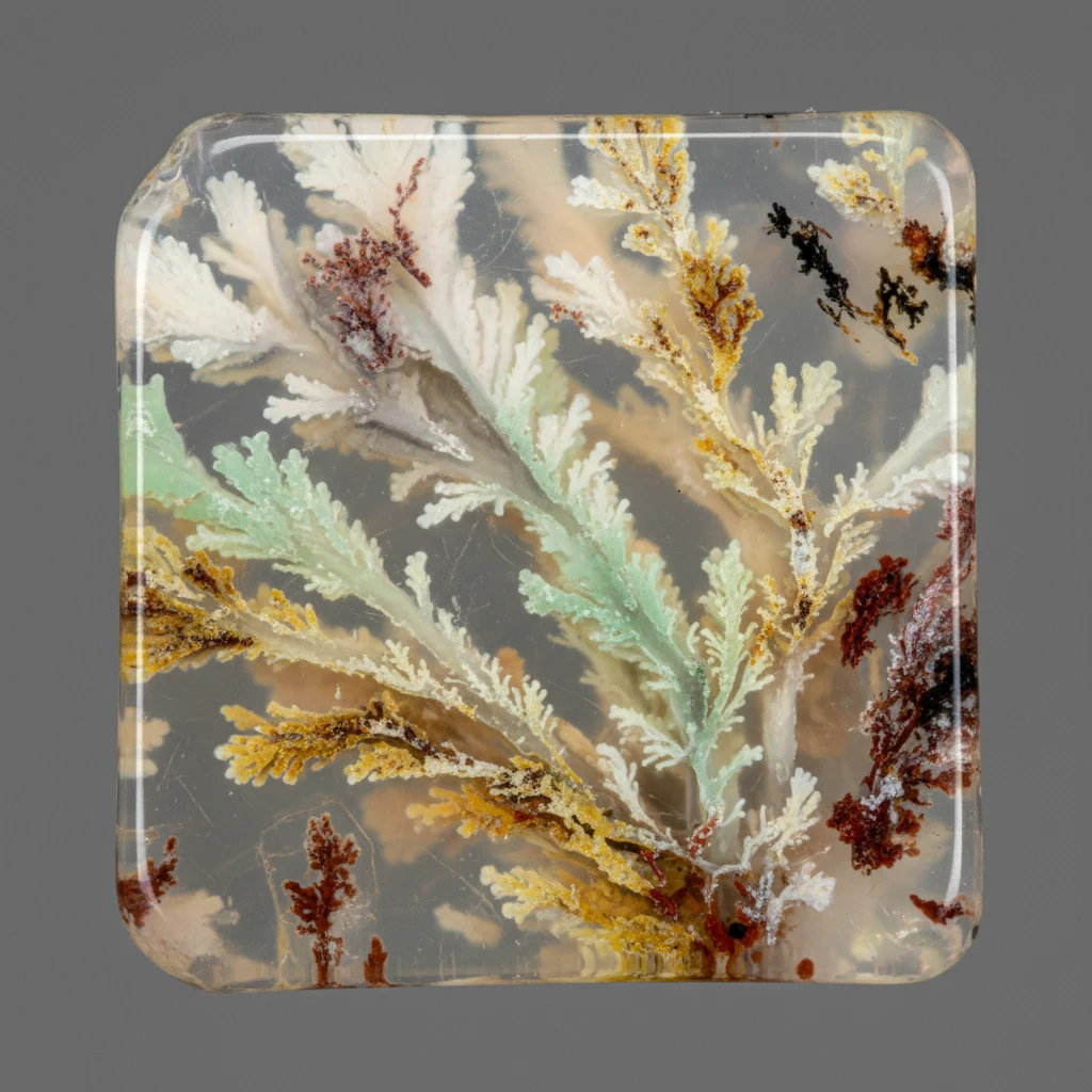 Polished Moss Opal cabochon with milky translucent opal body and dark green to brown moss-like dendritic inclusions