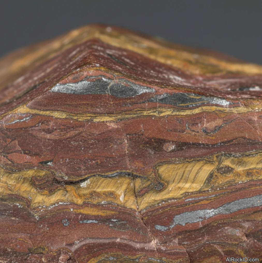 Close-up of polished Mugglestone showing brown-red jasper bands, dark hematite layers, and golden chatoyant tiger’s eye streaks