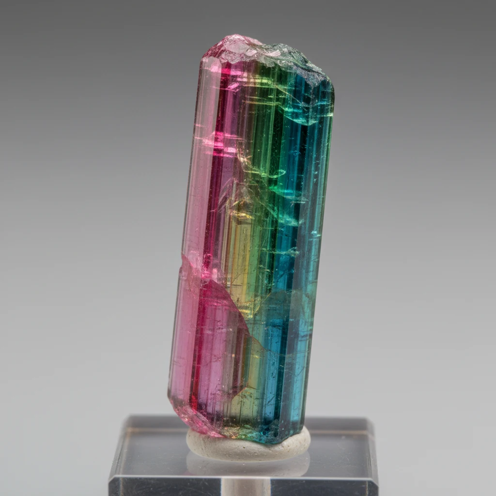 Multi-Color Tourmaline crystal showing pink, green, blue, and yellow color zoning with vitreous luster