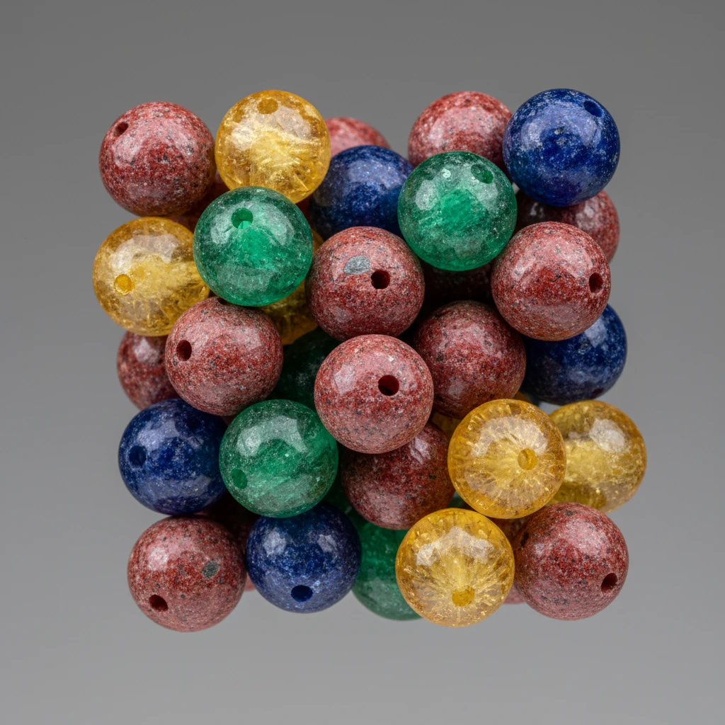 Strand of multicolored crystal beads in red, blue, green, and yellow with shiny vitreous luster