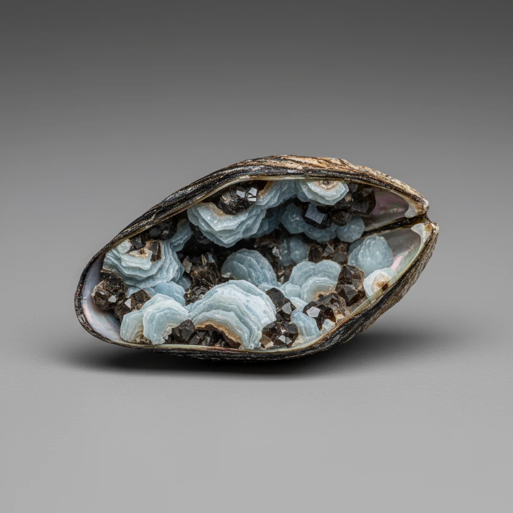 Blue black brown mussel shell with smooth curved surface and pearly inner nacre