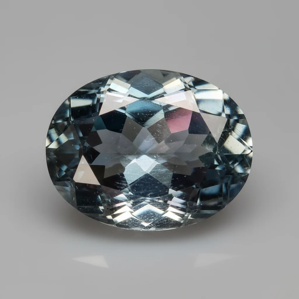 Faceted Mystic Topaz gemstone showing blue, green, and pink rainbow flashes with vitreous luster
