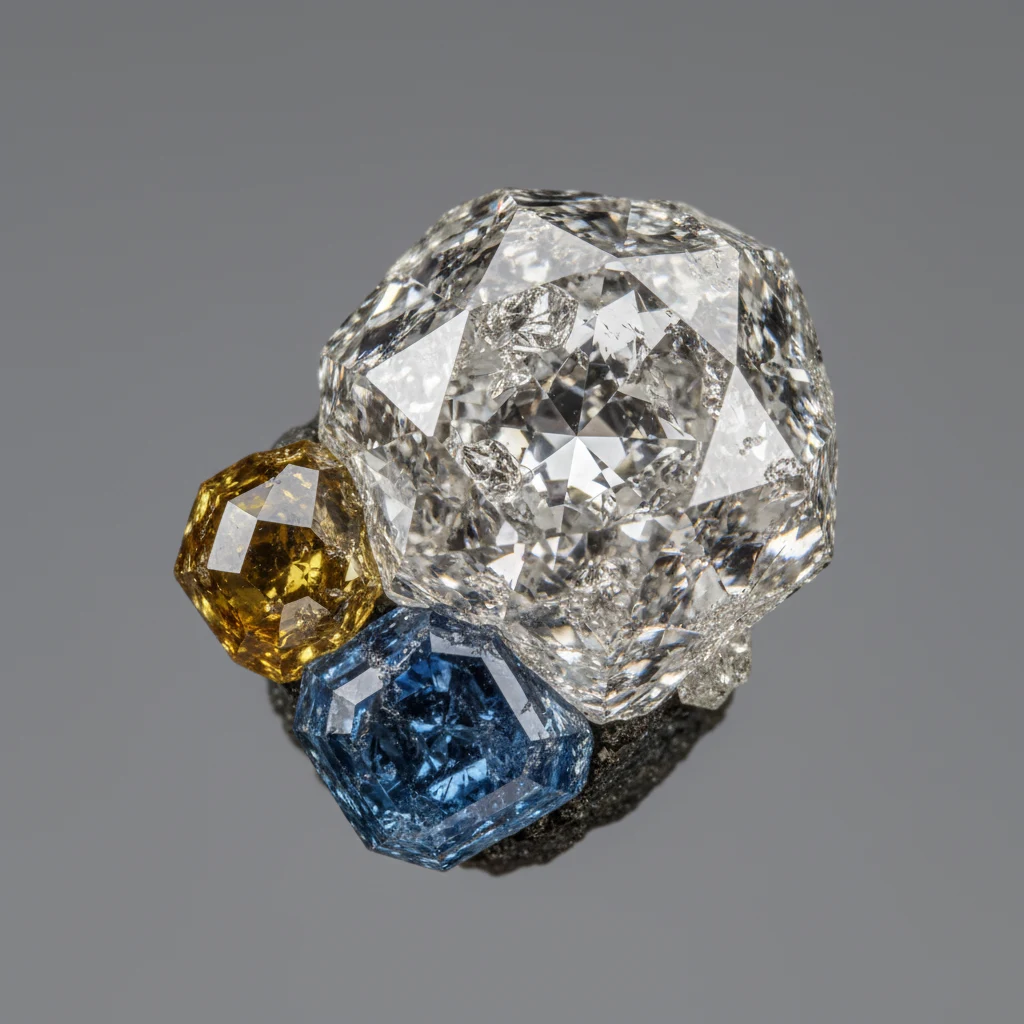 Transparent natural diamond crystal with brilliant adamantine luster on a neutral background