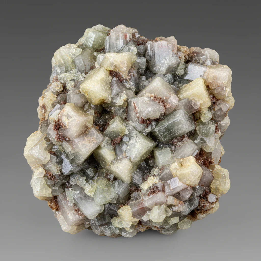 Pale gray to cream nepheline mineral specimen with greasy vitreous luster on alkaline igneous rock matrix