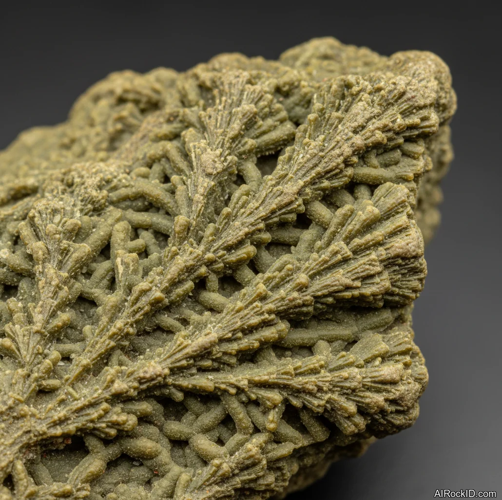 Close-up of green earthy nontronite clay with matte surface and crumbly texture