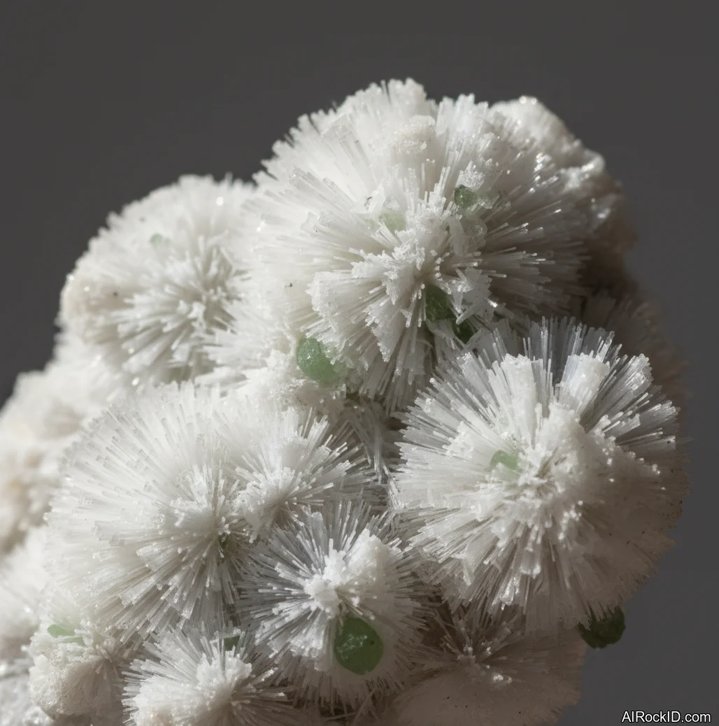 Close-up of white cottony okenite ball in a basalt cavity with pale pink stilbite crystals