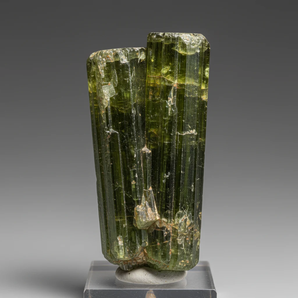 Olive green tourmaline gemstone with vitreous luster and dark olive to yellow-green color