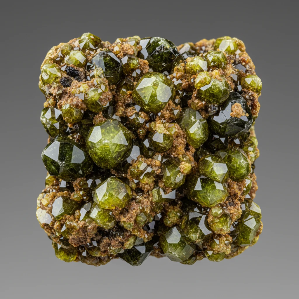 Olive-green olivine grains in a dark igneous rock specimen with vitreous to oily sparkle