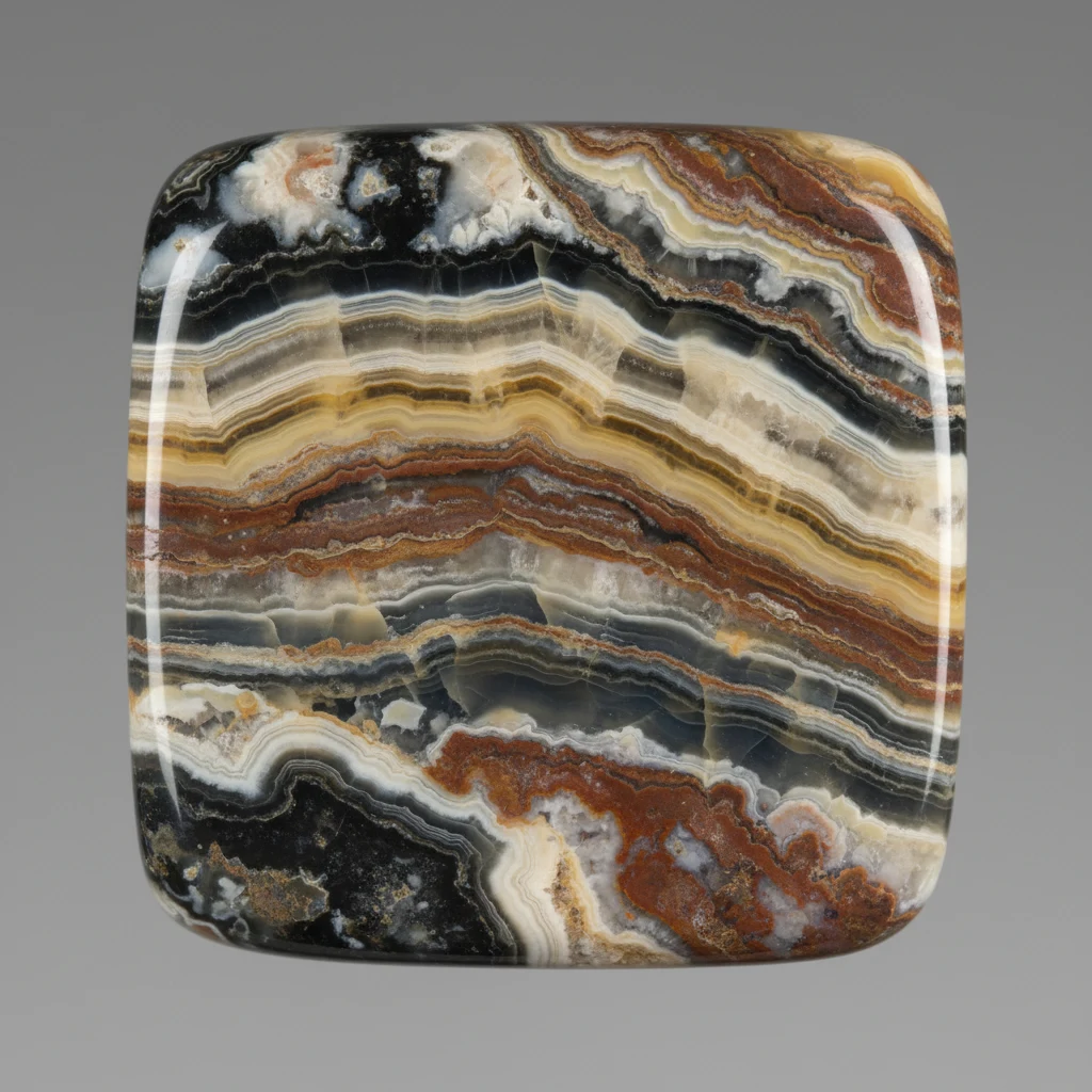 Polished onyx gemstone showing straight parallel black and white chalcedony bands