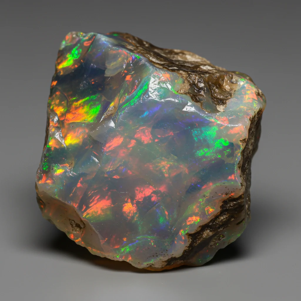 Polished opal gemstone showing multicolor play-of-color over a pale body tone