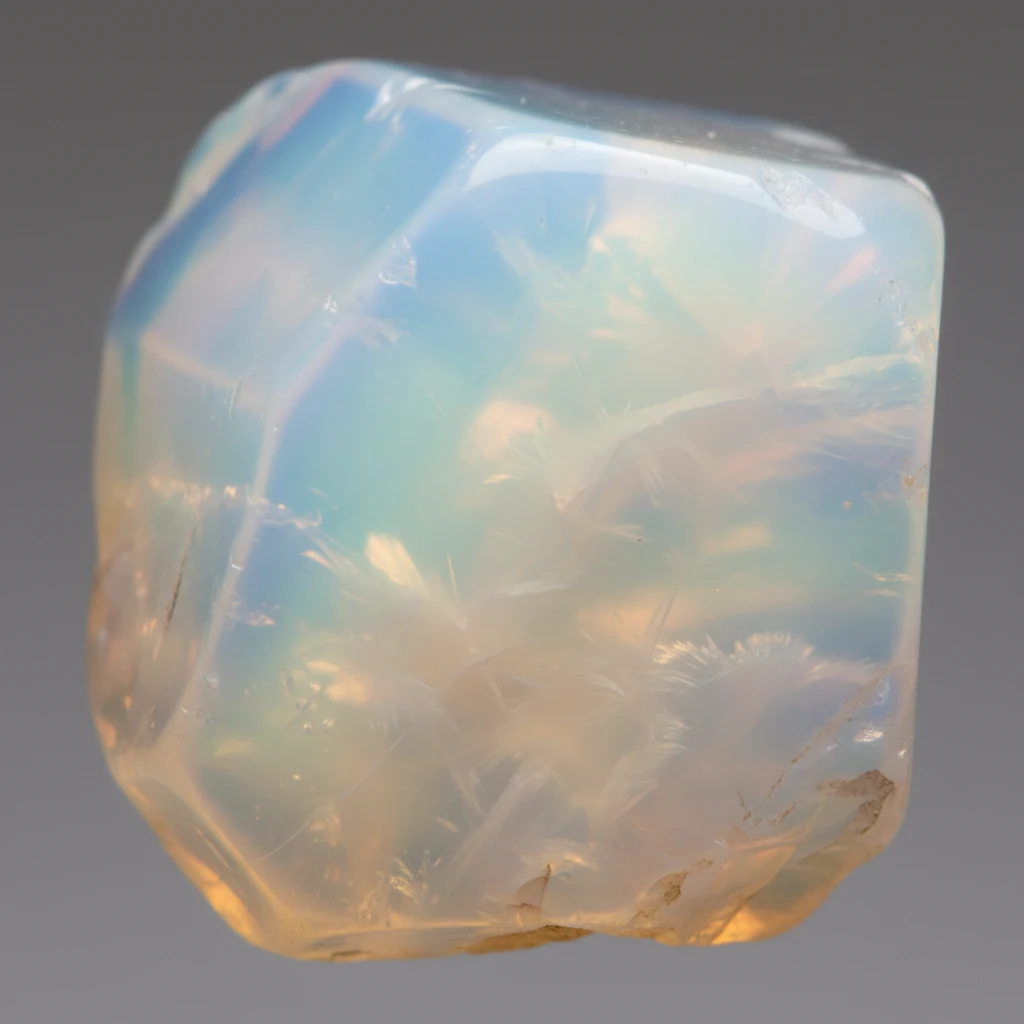 Milky translucent Opalite with pale blue and white opalescent glow on a smooth polished surface