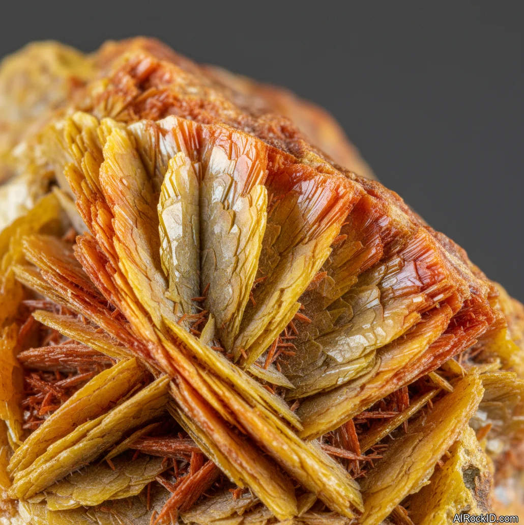 Close-up of bright lemon-yellow orpiment crystals with resinous luster on dark matrix