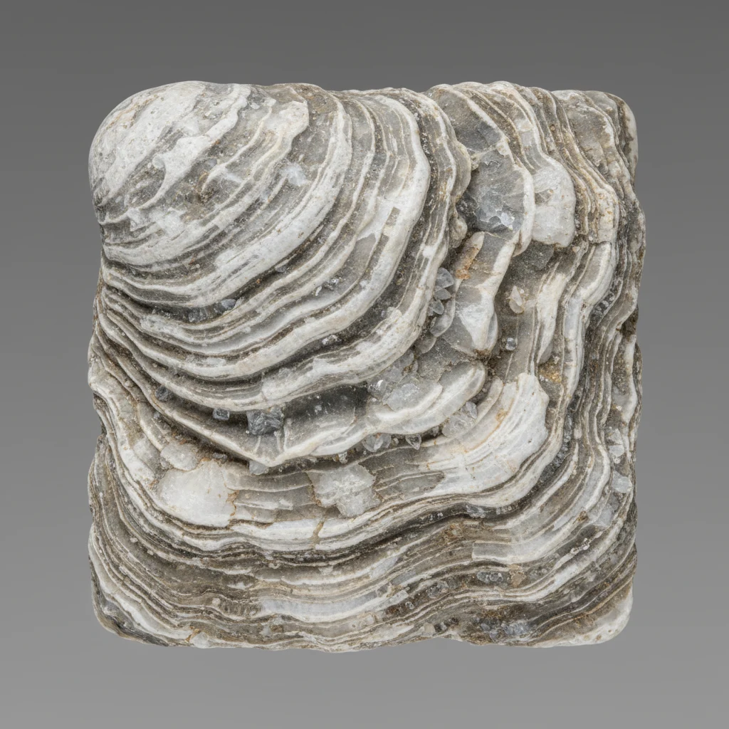 White, cream, and gray oyster shell with pearly luster and layered surface