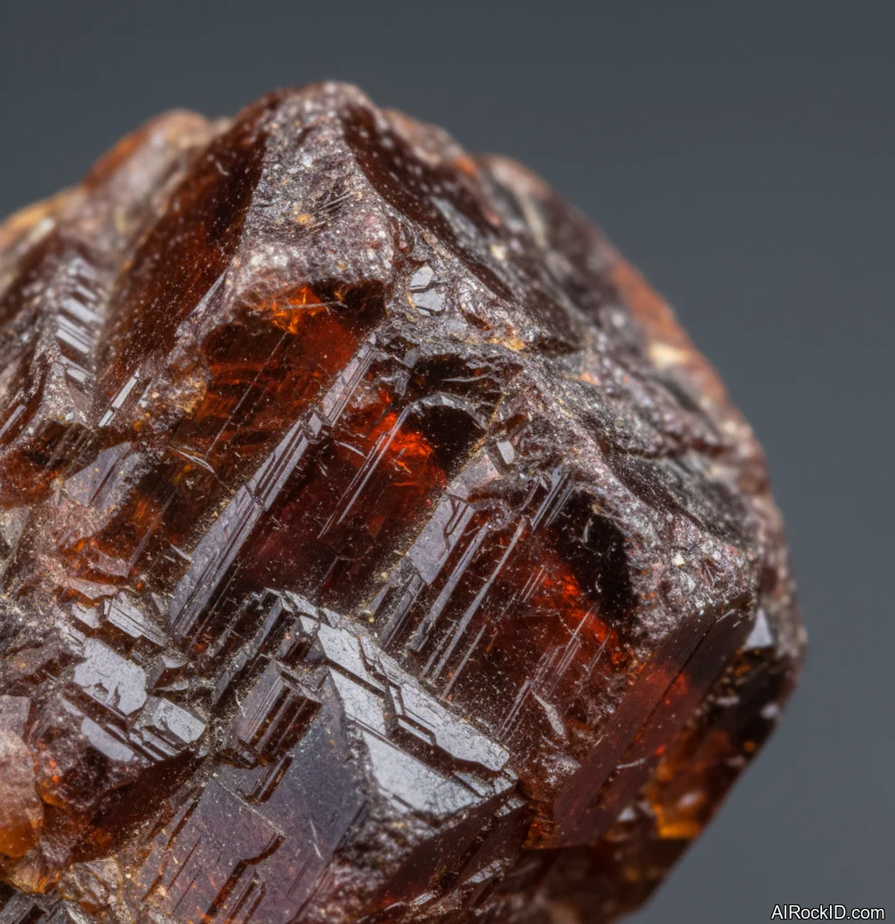Close-up of a small reddish-brown painite crystal with prismatic faces and a glassy luster on a dark matrix