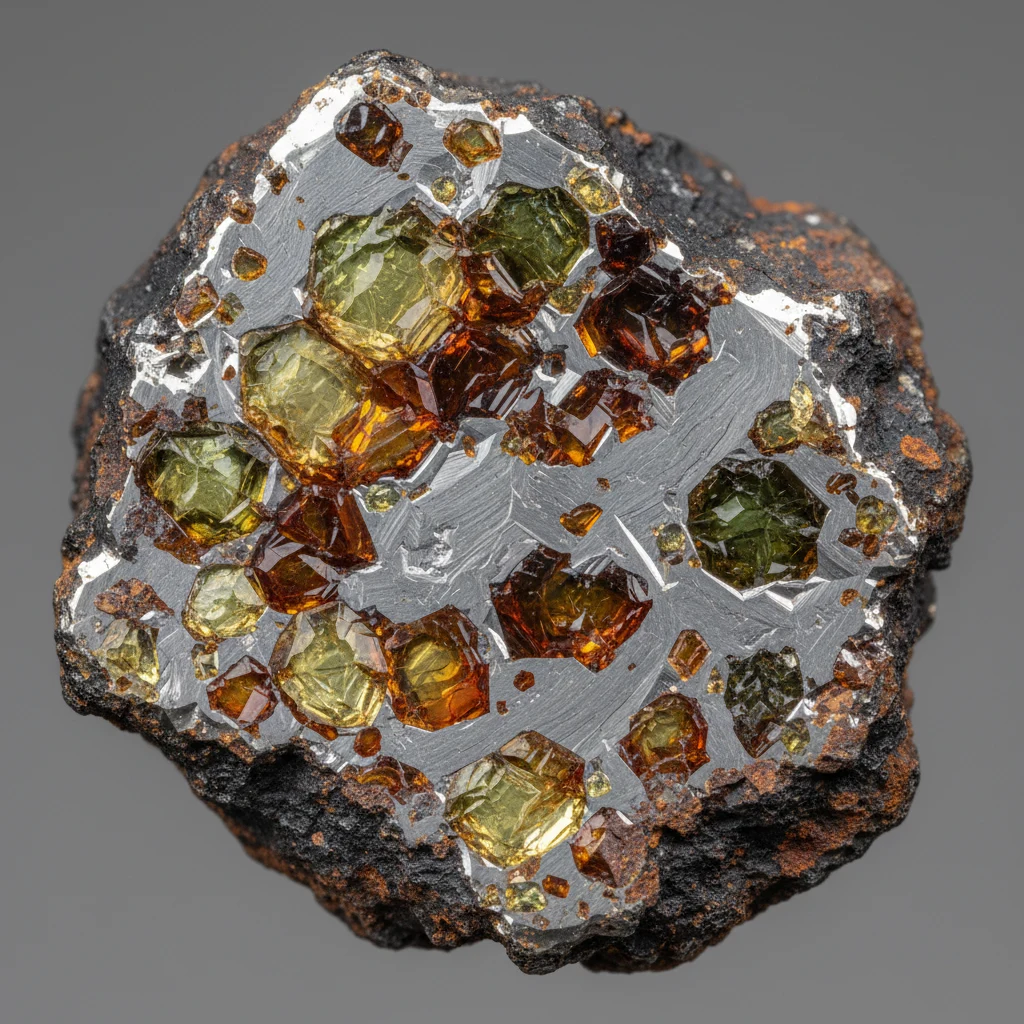 Polished Pallasite Meteorite slice with green and amber olivine crystals in silver-gray iron-nickel metal