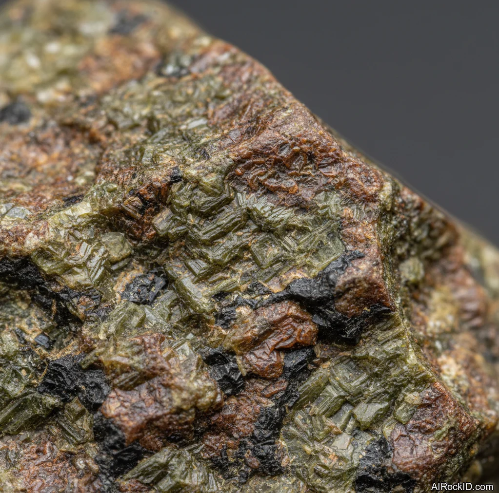 Close-up of dark green pargasite crystals with vitreous luster in a white marble matrix