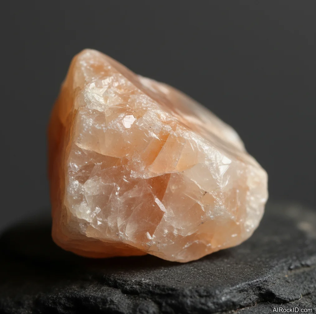 Close-up of a polished peach moonstone showing soft orange body color and a floating white-blue sheen under angled light