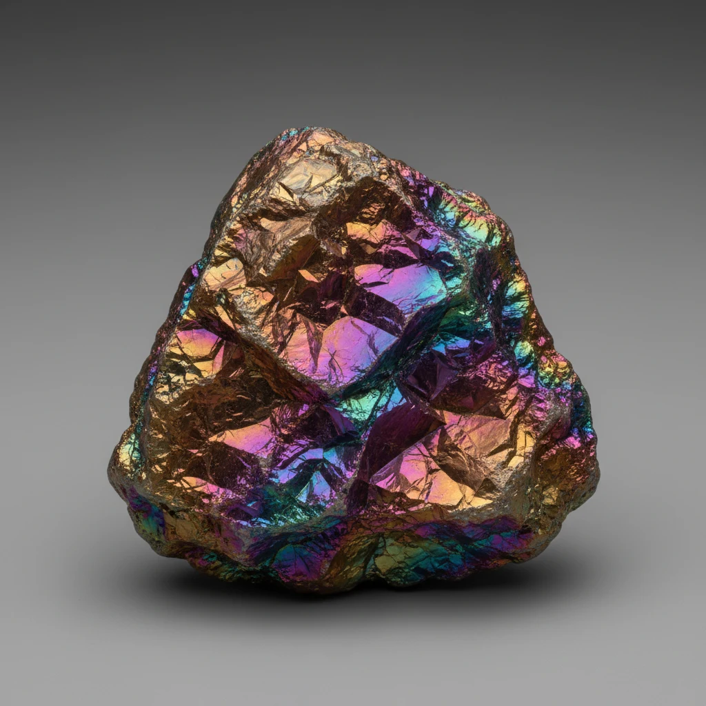 Metallic Peacock Ore bornite specimen with purple, blue, green, gold, and bronze iridescent tarnish on a rough surface