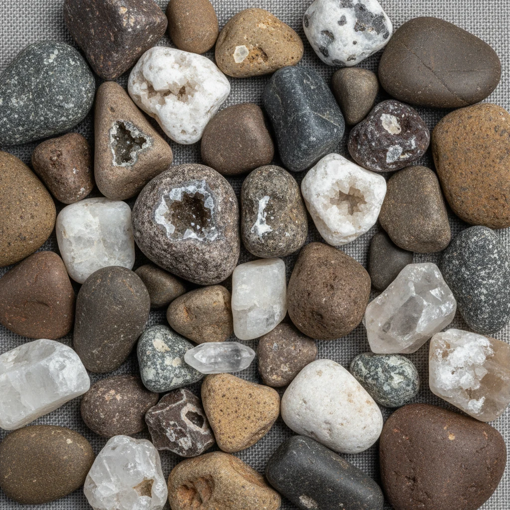 Rounded brown, gray, and white pebbles and gravel with dull to slightly shiny surfaces