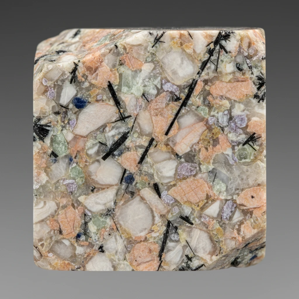 Coarse pegmatite rock showing large interlocking feldspar, quartz, and mica crystals