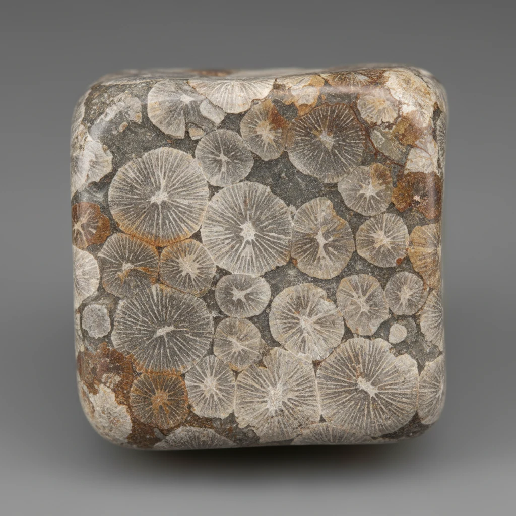 Gray-brown Petoskey Stone showing distinctive fossil coral hexagonal patterns