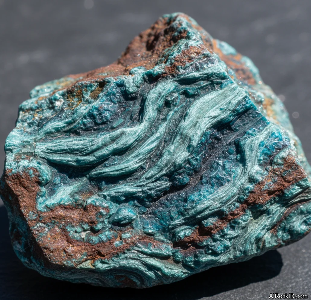 Close-up of polished Phoenix Stone showing blue-green chrysocolla with pale quartz veining and darker copper-oxide webbing