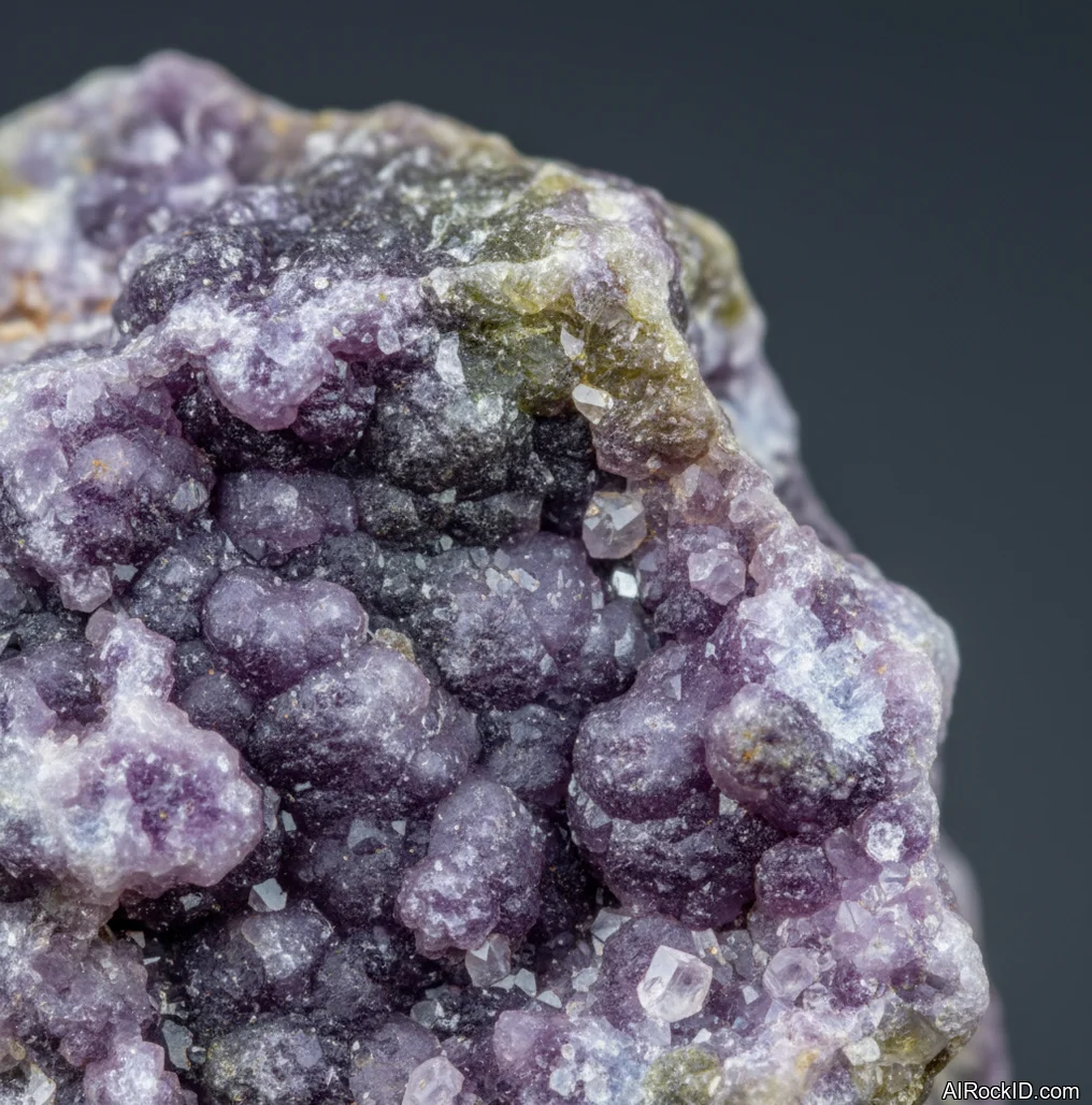 Close-up of a translucent lilac phosphosiderite cabochon with cloudy internal texture and soft waxy sheen