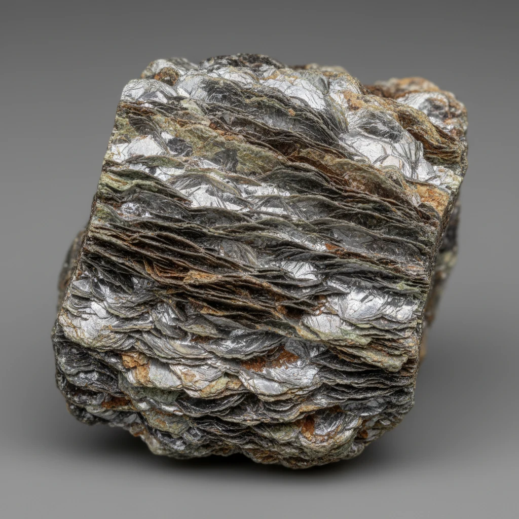 Gray silver phyllite rock specimen showing silky satiny foliation and wavy crinkled cleavage surfaces
