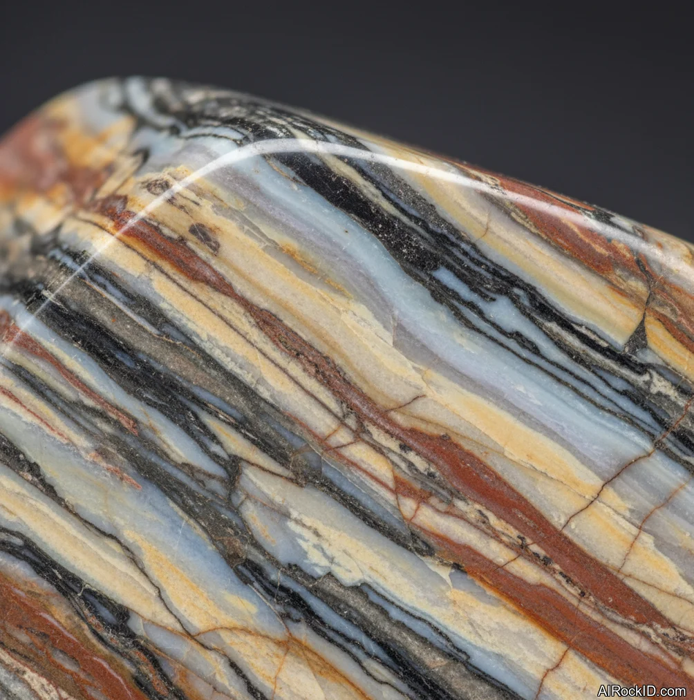 Close-up of polished Picasso Jasper with gray base and black, sketch-like webbing lines