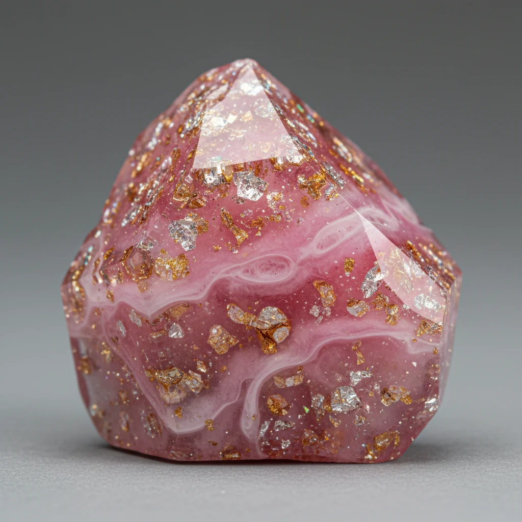 Pink Glitter Resin specimen with shiny resinous surface and gold and silver glitter flecks