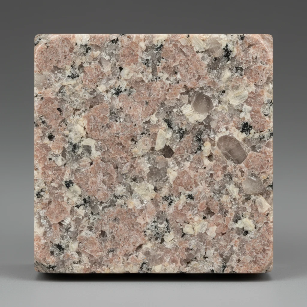 Coarse-grained pink granite specimen with pink feldspar, gray-white quartz, and opaque vitreous grains