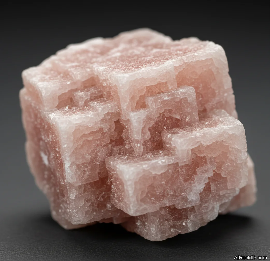 Close-up of translucent pink halite crystal with cubic cleavage faces and salty granular textures