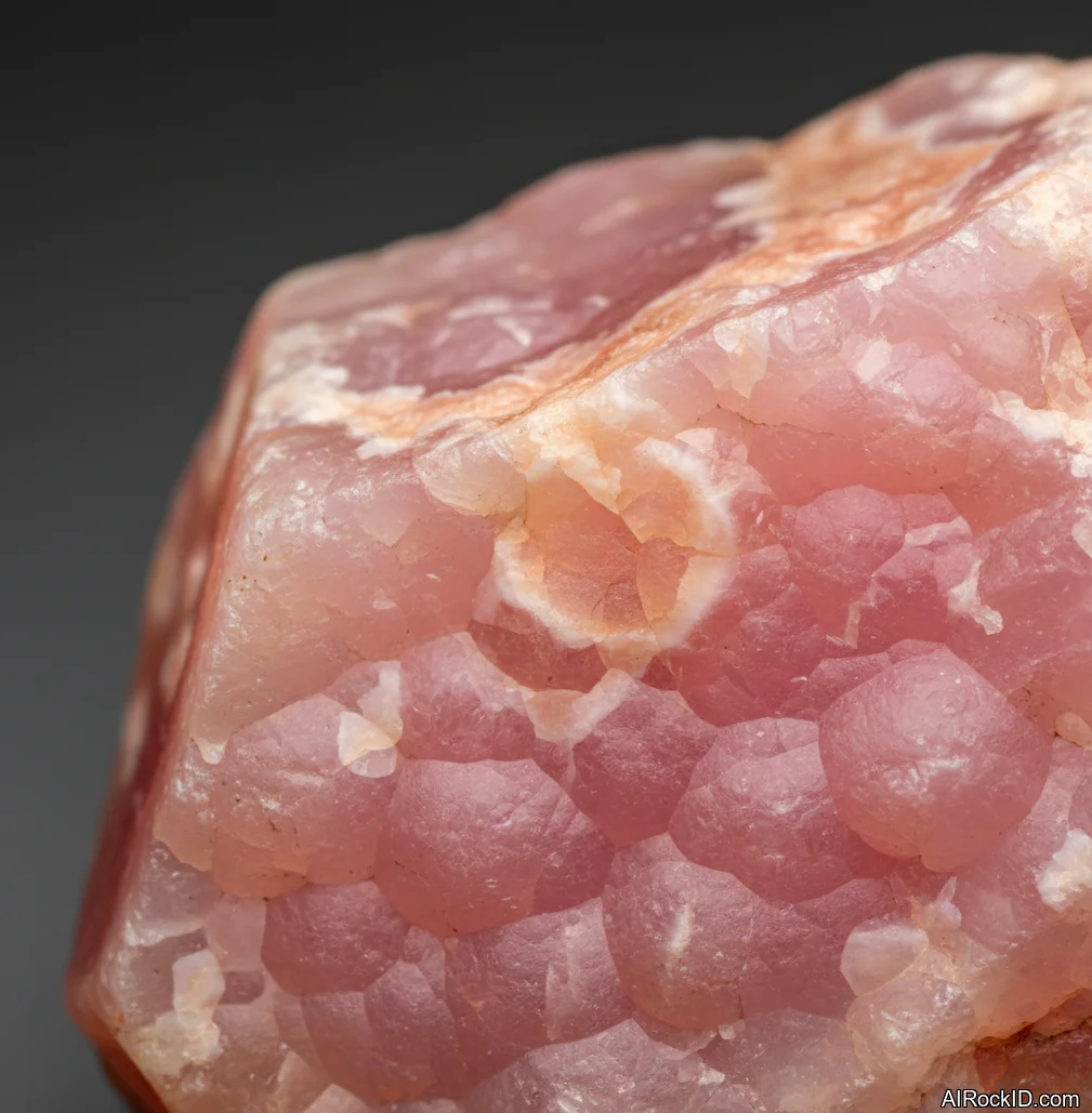 Close-up of polished Pink Opal showing soft pastel pink color with cloudy white swirls and a waxy luster