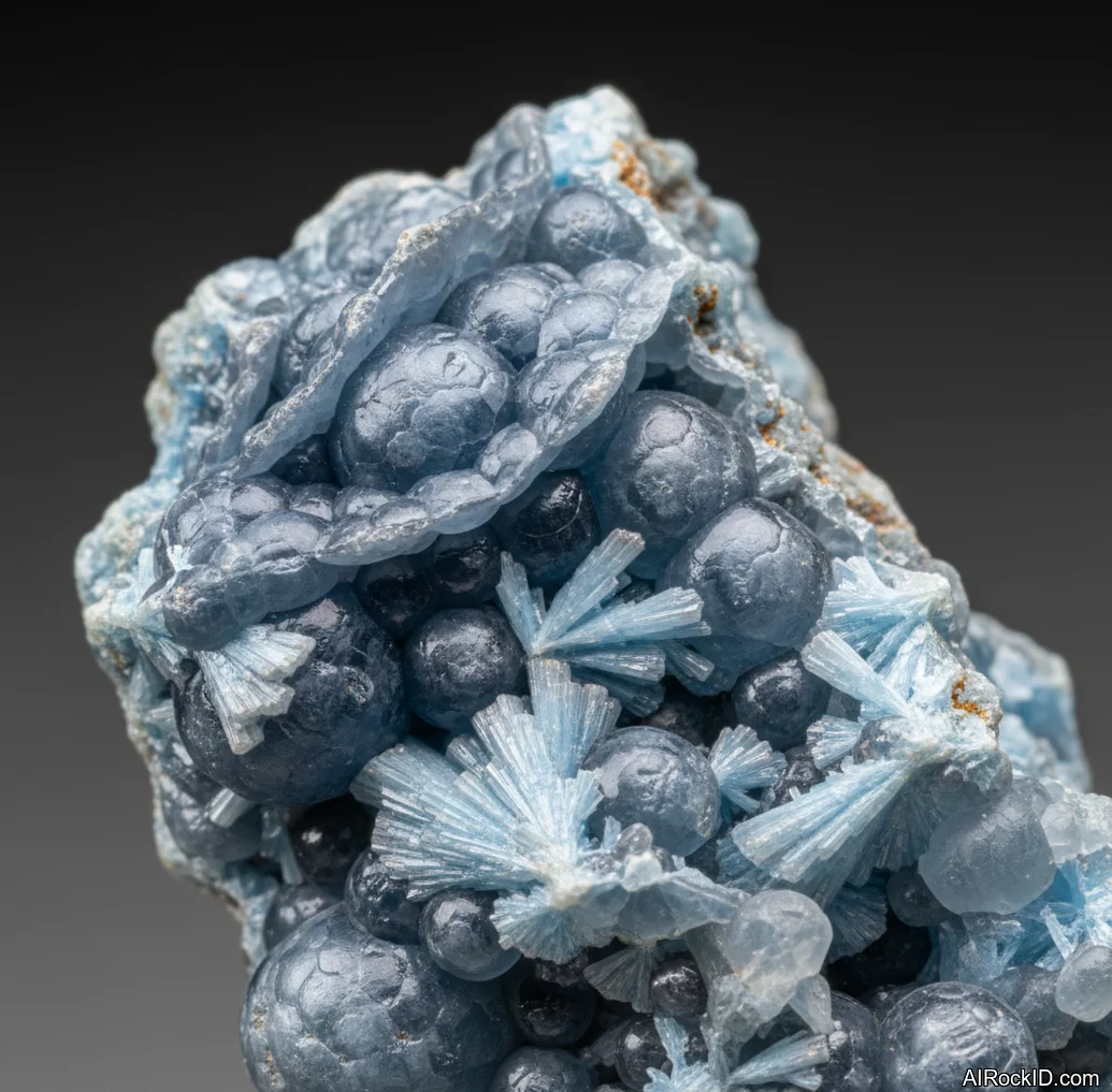 Close-up of pale blue to green plumbogummite crust with tiny sparkly crystals on brown ironstone matrix