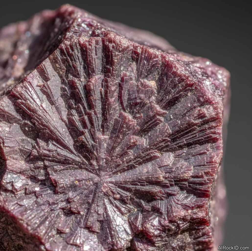 Close-up of raw purpurite with matte purple surface and crumbly edges on a light background