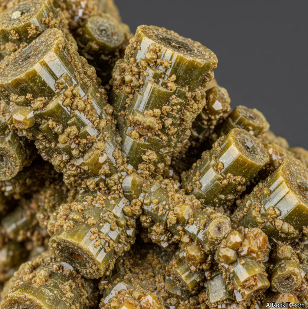 Close-up of bright green pyromorphite barrel crystals clustered on matrix with glossy luster