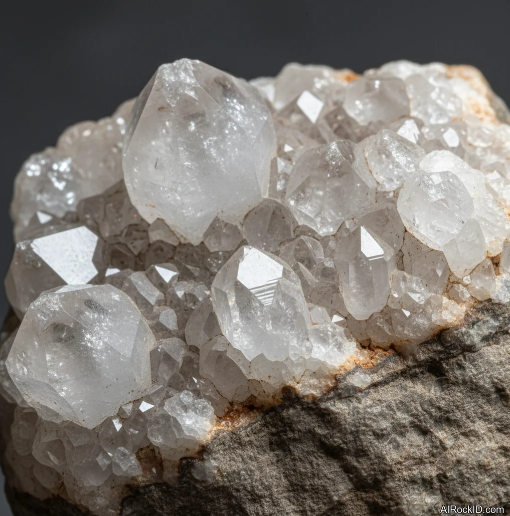 Close-up of a split quartz geode showing clear to milky quartz points lining a hollow cavity inside a tan rock rind