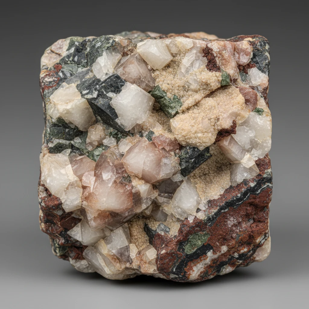 White and gray quartzite specimen with sugary granular texture and uneven fractured edges