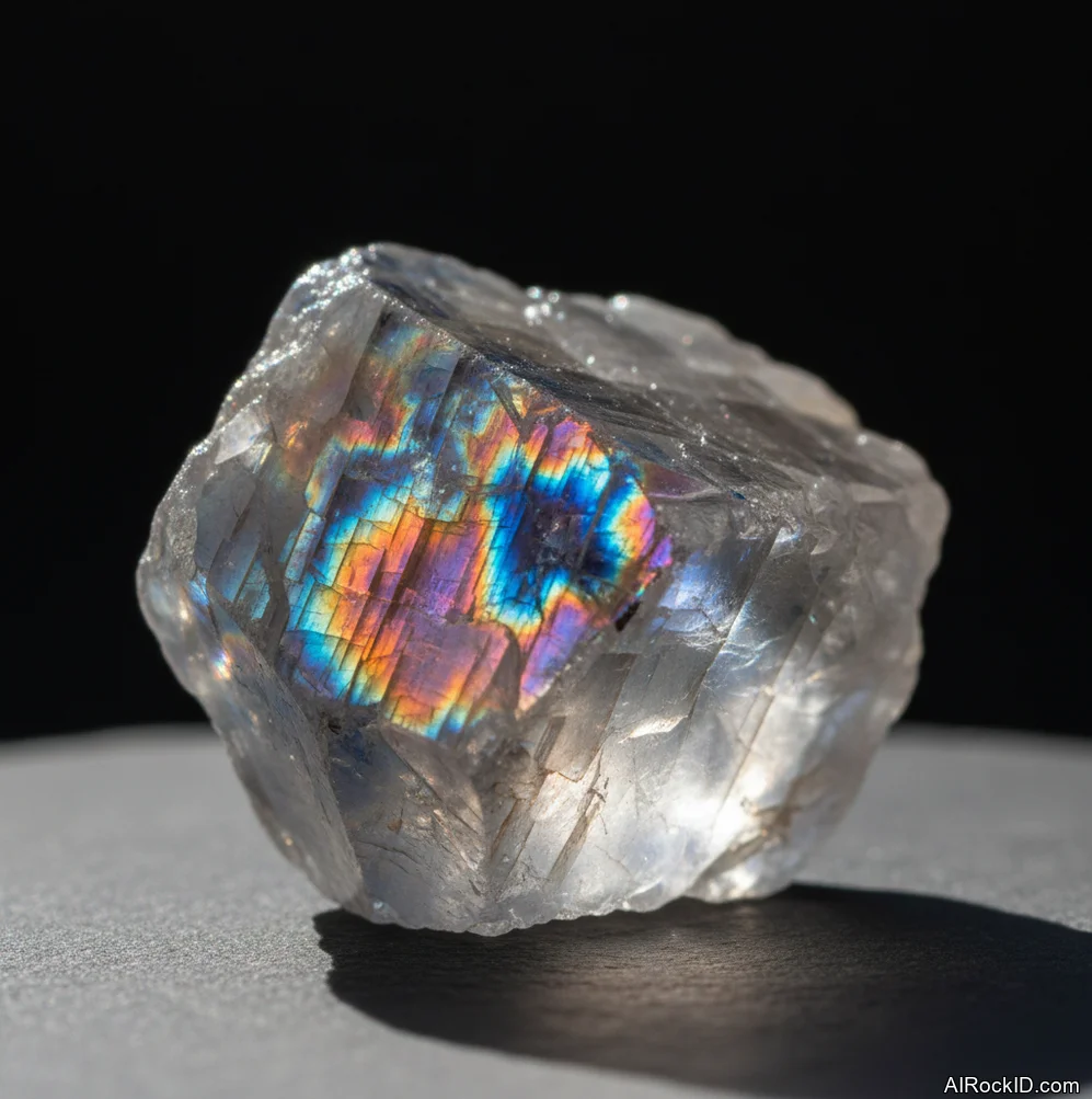 Close-up of polished rainbow moonstone showing blue adularescence and rainbow flash on a white translucent body